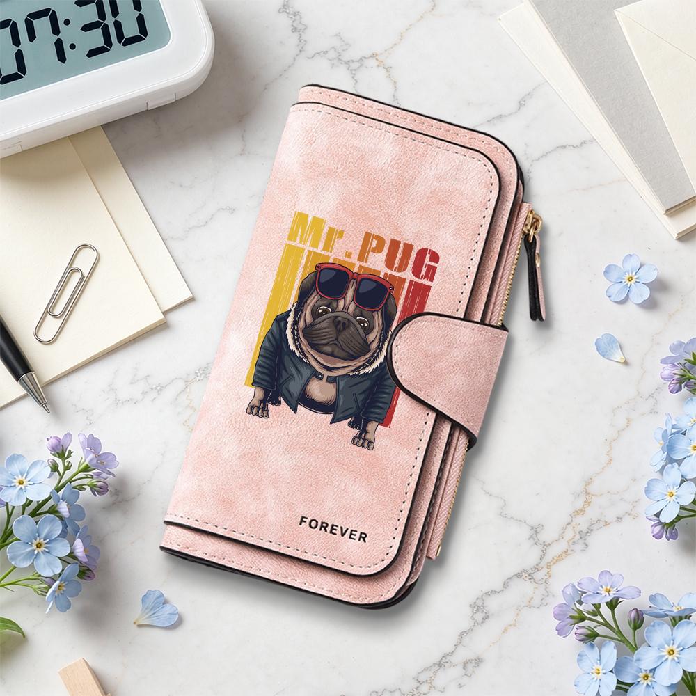 Cool Pug Pattern Long Wallet Fashion Multi Card Slot Zipper Purse for Daily Use