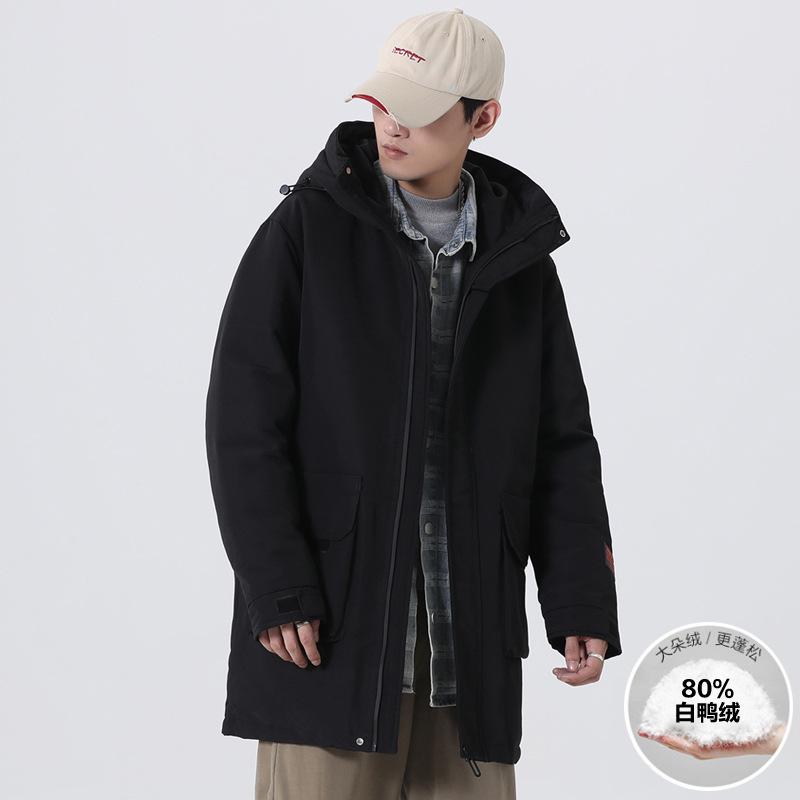 Cargo down jacket male mid-length solid color fashion couple white duck down hooded down jacket for men
