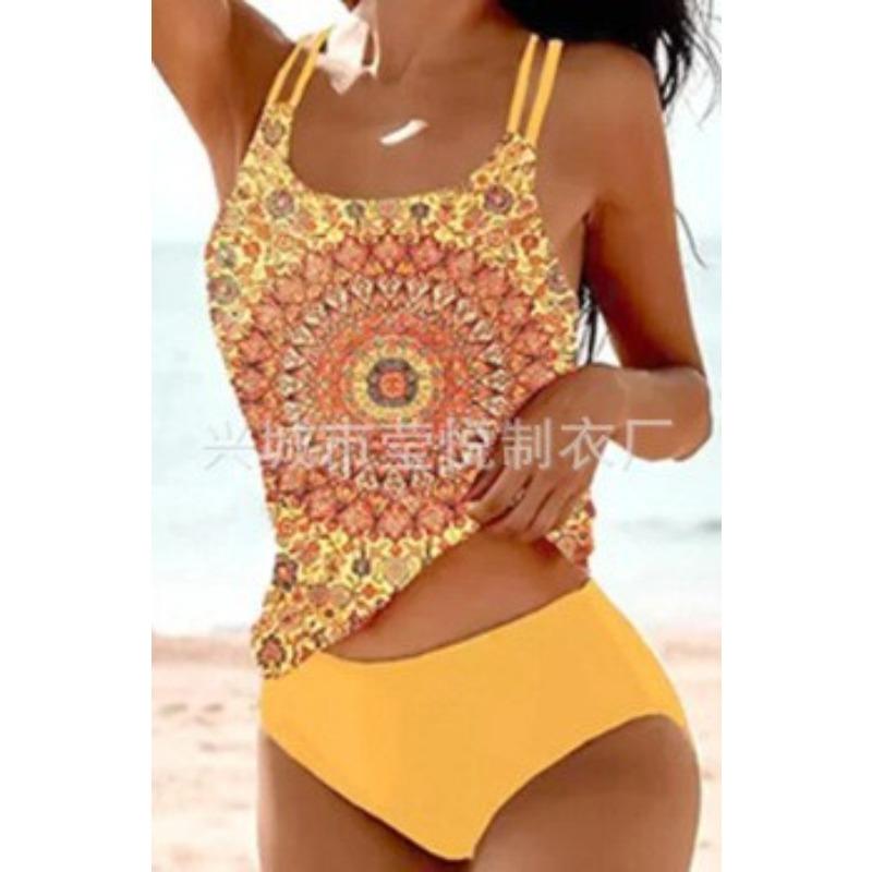 Bikini Stampato a Vita Alta Diviso Costume da Bagno con Spallina Stampata da Spiaggia
