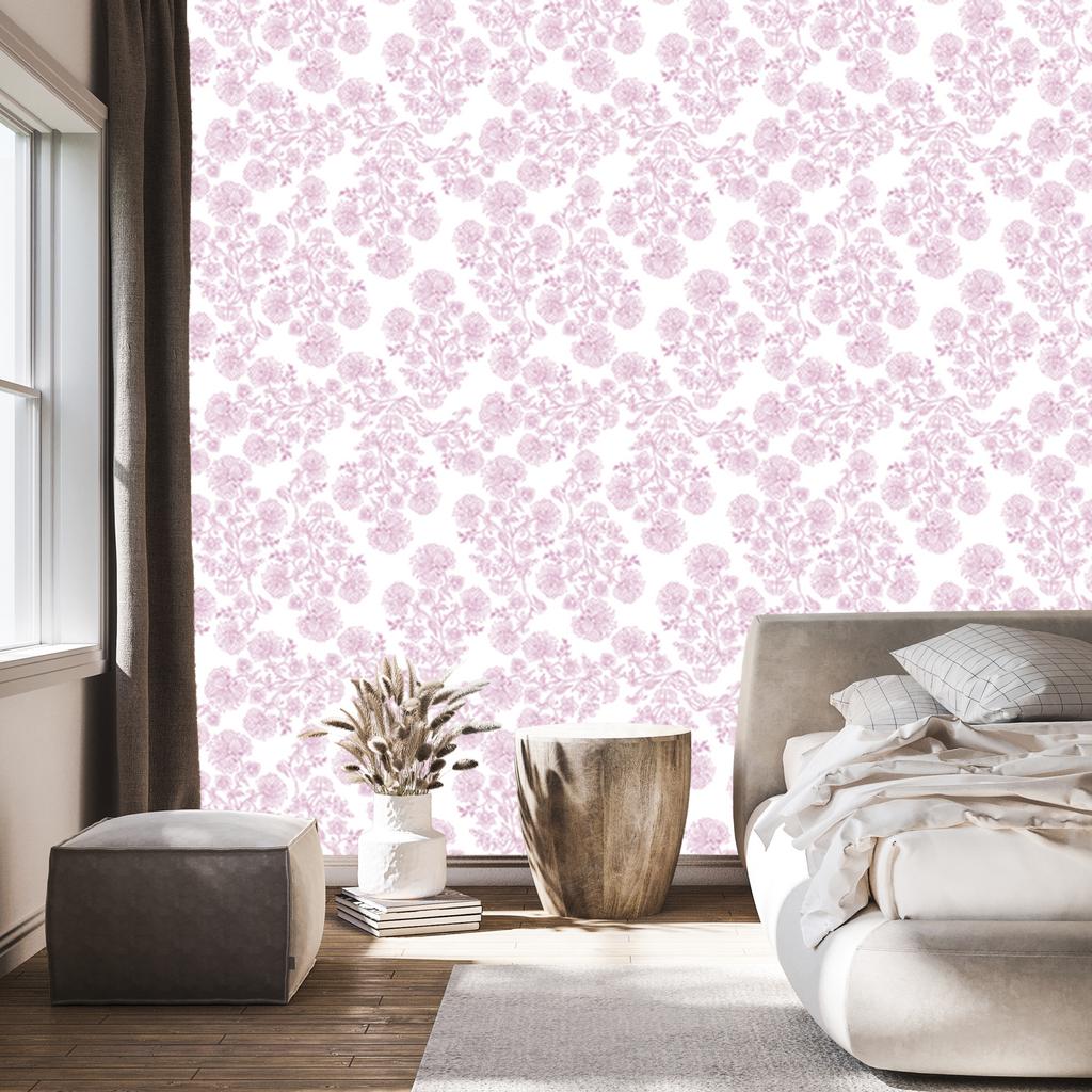 Wallpaper Flowers white and powder pink, white background for living room and bedroom 50x1000