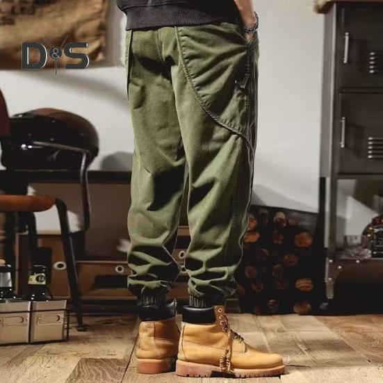 Fall Spring Men Cargo Pants Ankle Banded Loose Wear Resistant Drawstring Elastic Waist Pockets Outdoor Work Trousers