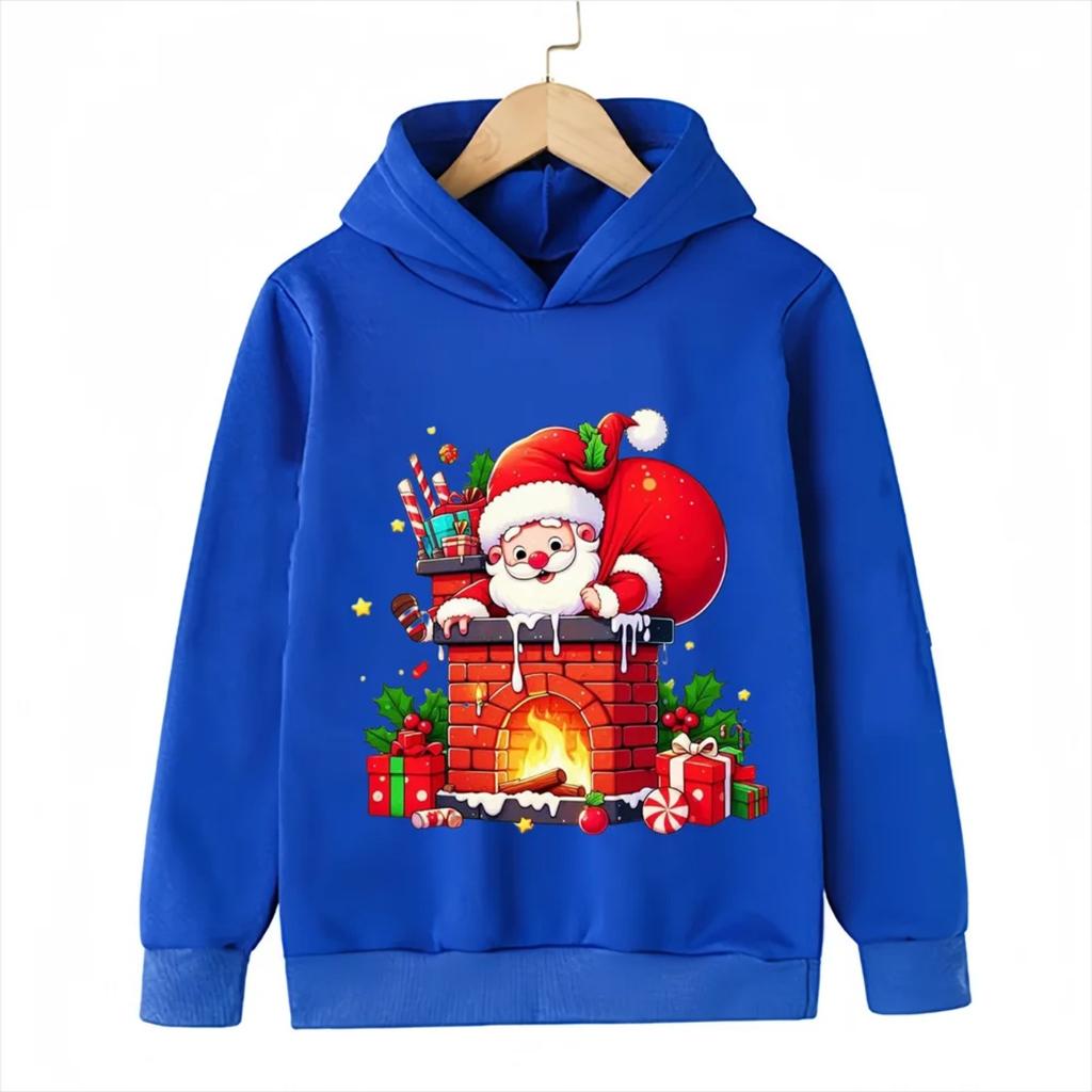 2025 Christmas Cute Christmas Chimney Festival Dress Up Girl Autumn/Winter Hoodie Hoodie Suitable for Children Aged 4-14 Warm Top