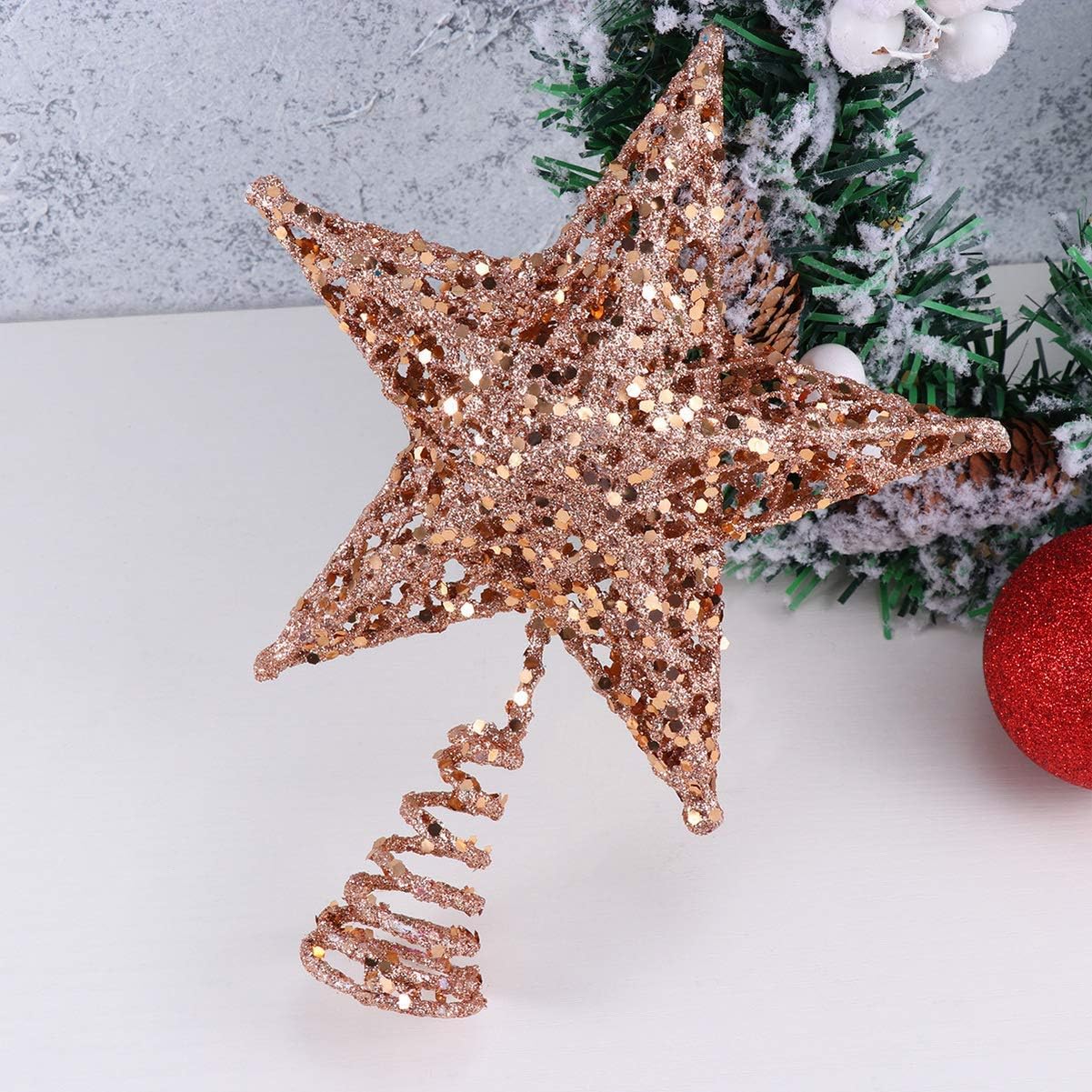Christmas Tree Topper Glittered Treetops Xmas Decoration Ornament Tree Topstar Decorations - Rose Gold, 20cm