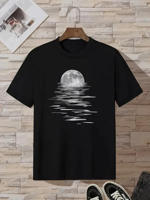Men's Stylish Moon Creative Print T-Shirt, Crew Neck Short Sleeve, Casual Tee, V