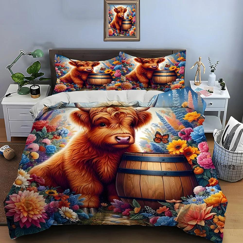Highland Cattle Print Bedding Set Cute North American Duvet Cover 1 Duvet Cover 2 Pillowcases Adult and Kids Bedding Set Luxury