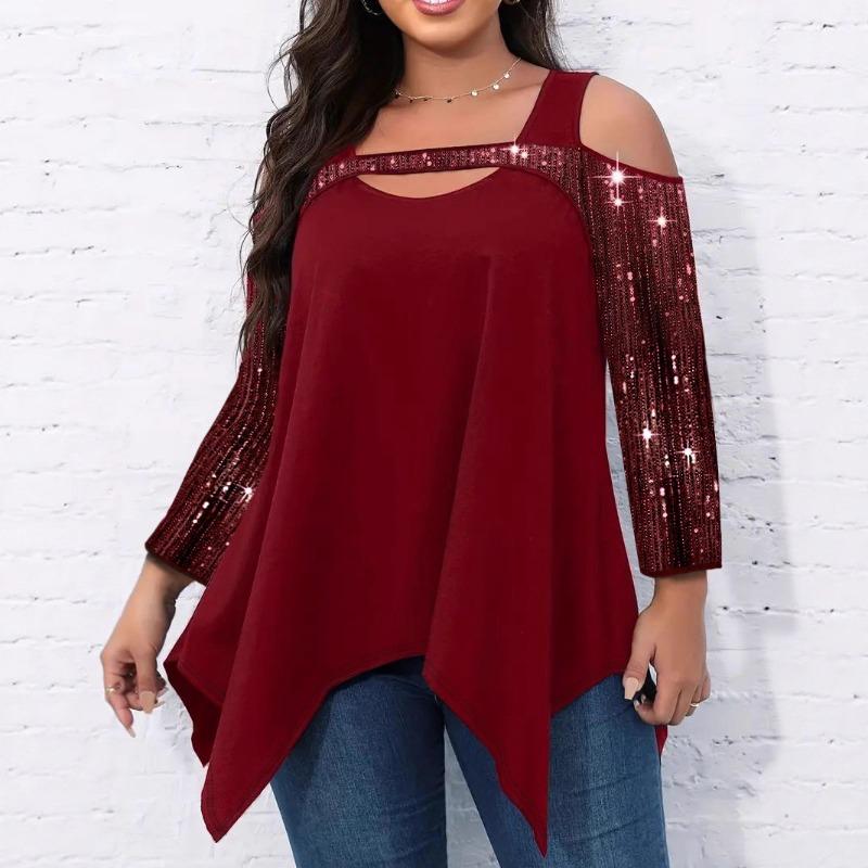 Vår Höst Street Style Urskuren Paljetter Oregelbunden T-shirt Kvinnor Långärmad Off Shoulder Pullover Tee Topp