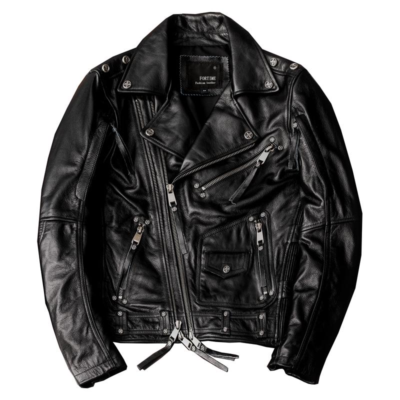 Men Genuine Leather Motorcycle Jacket Heavy Duty Biker Coat with Multiple Zippers
