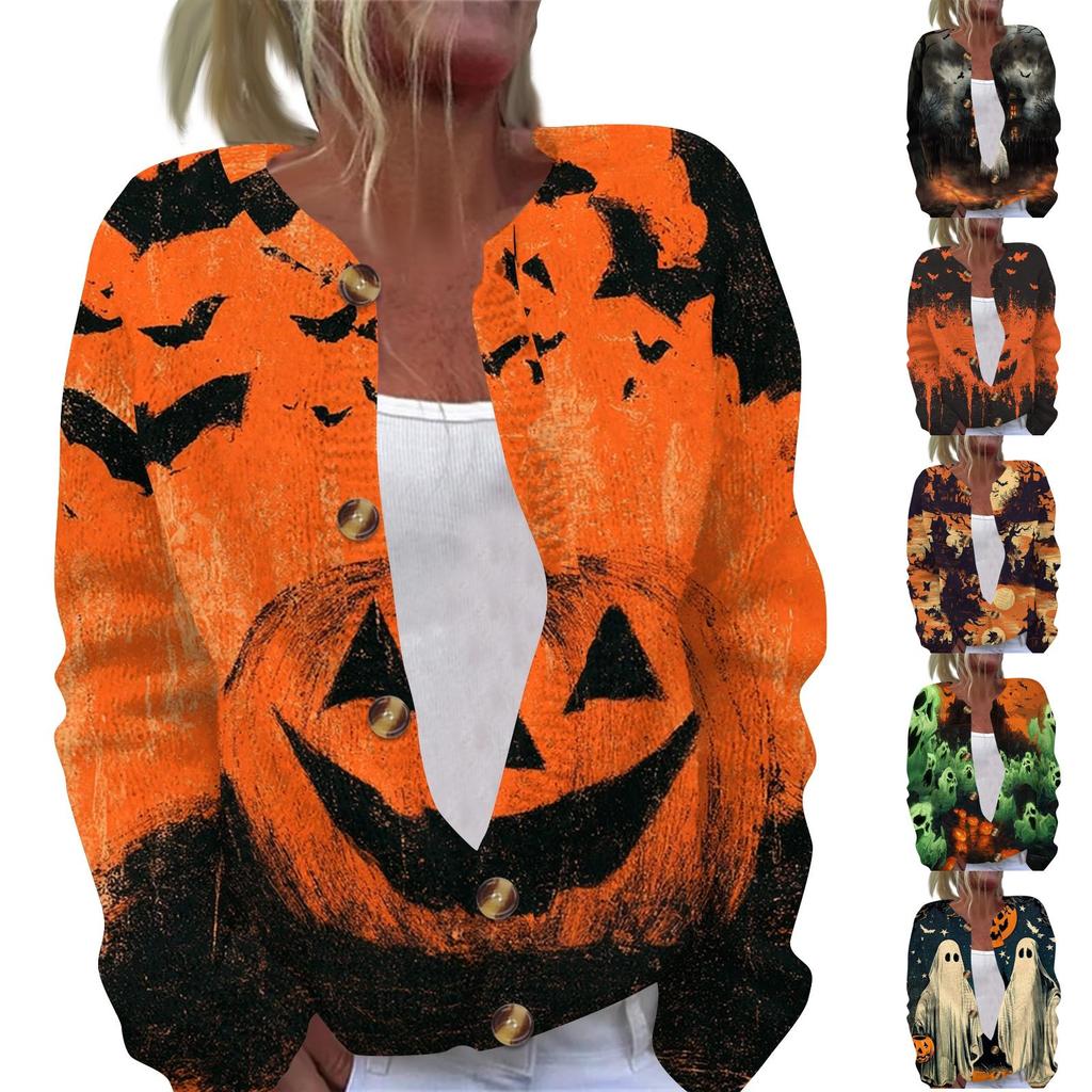 Women's Long Sleeve Knit Cardigan with Halloween Print Button Front