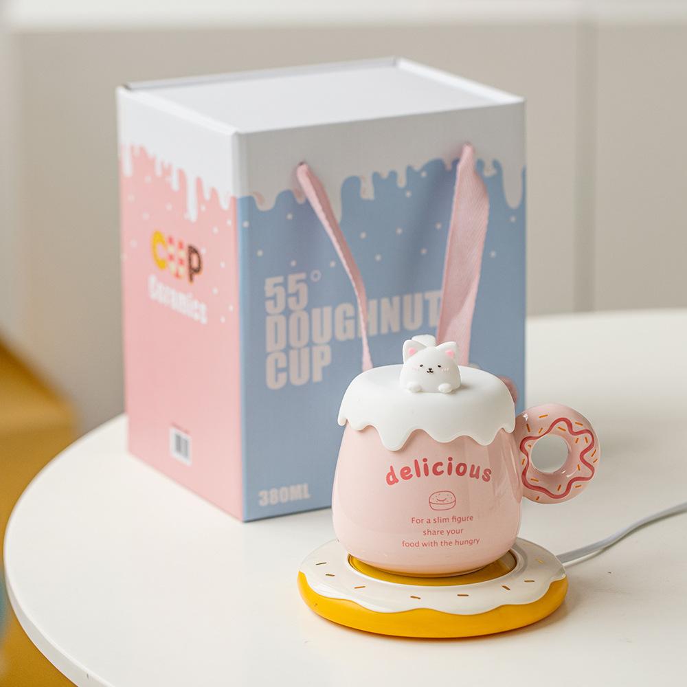 

Creative Donut Constant Temperature Cup Gift Box Ceramic Mug with Lid Spoon Cute Girl Couple Souvenir Constant Temperature 380ml