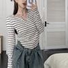 Irregular V-neck Striped Long-sleeved T-shirt Women's Autumn Winter New Slim Bottoming Shirt Short Top