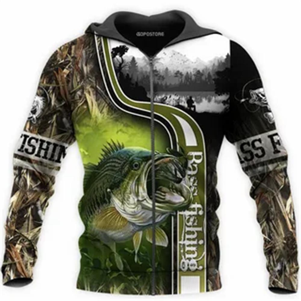 TIP723 Heren Zip Up Hoodie Karpervissen Grafische Kleding Sweatshirt Casual Oversize Hoodies 3D Snoekbaars Snoek Vliegvis Bedrukte Capuchon Tops L