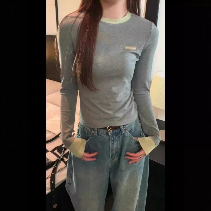 Slim-fit fake two-piece contrasting color splicing long-sleeved shirt women's top spring new bottoming shirt trendy inside