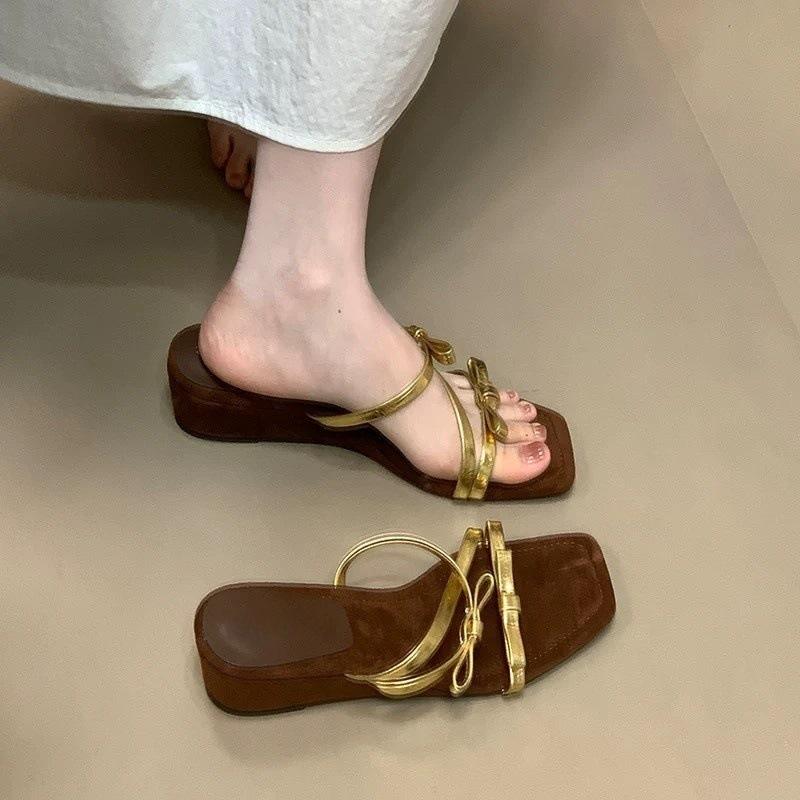 Vintage slope heel cool slippers women's high heel sandals bow square head beach sandals