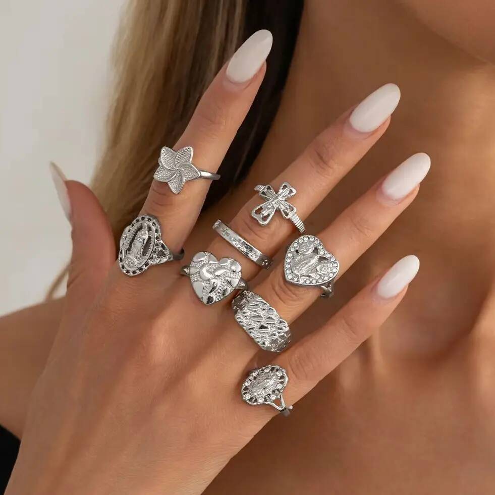 SHIXIN 8Pcs/Set Trend Gold Color Cross Virgin Mary Open Ring Women 2026 Exquisite Heart Inlaid Diamond Finger Ring Charm Jewelry
