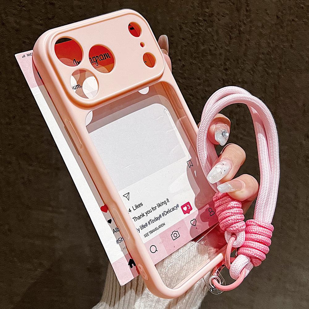 Luxury Candy Color Frame Clear Phone Case For 18 17 16 15 14 13 12 11 Pro Max Plus With Wristband Lanyard Cover