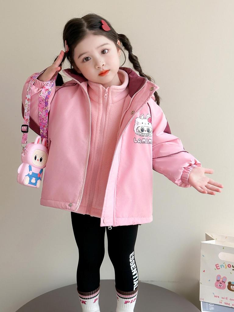 Girls' Fleece-Lined Windproof Jacket Set with Bag for Toddlers/Little Kids, Thick Autumn/Winter Coat with Cotton Lining
