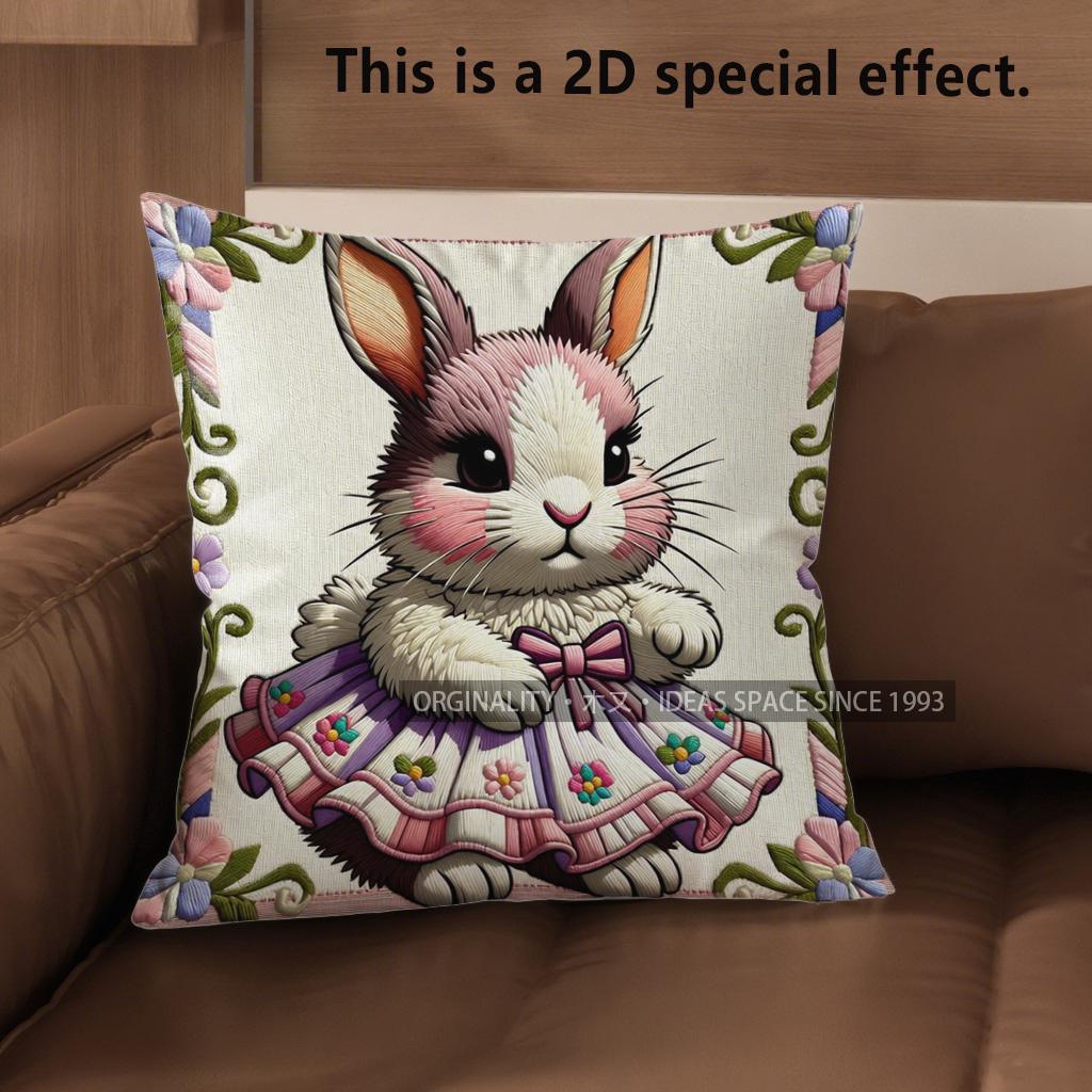 2D Cute Bunny Dressed In Pink Floral Dress Pillow Covers Pattern Cushion Cover Suitable For Sofa Bedroom Car Pillow Cover