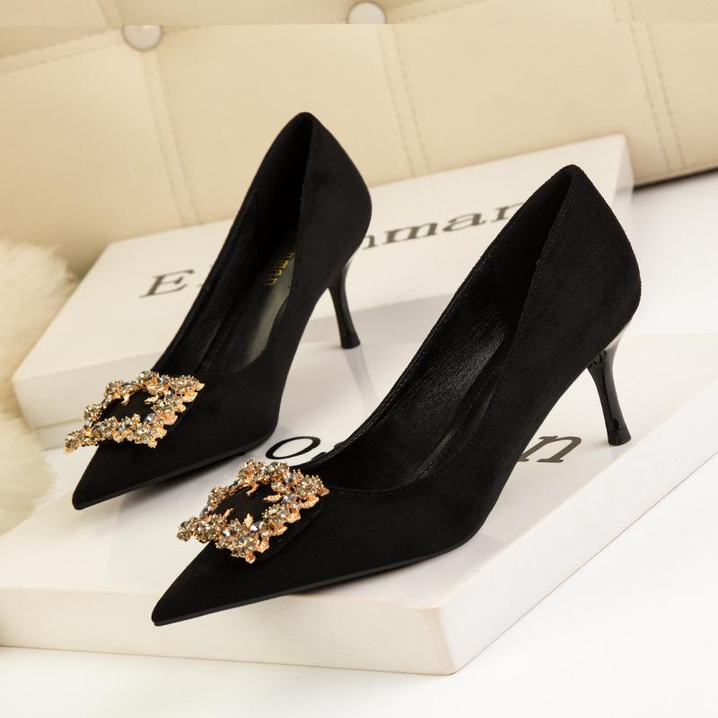 Fashion sweet high heels women's shoes thin heels high heels shallow mouth pointed rhinestone square buckle suede shoes