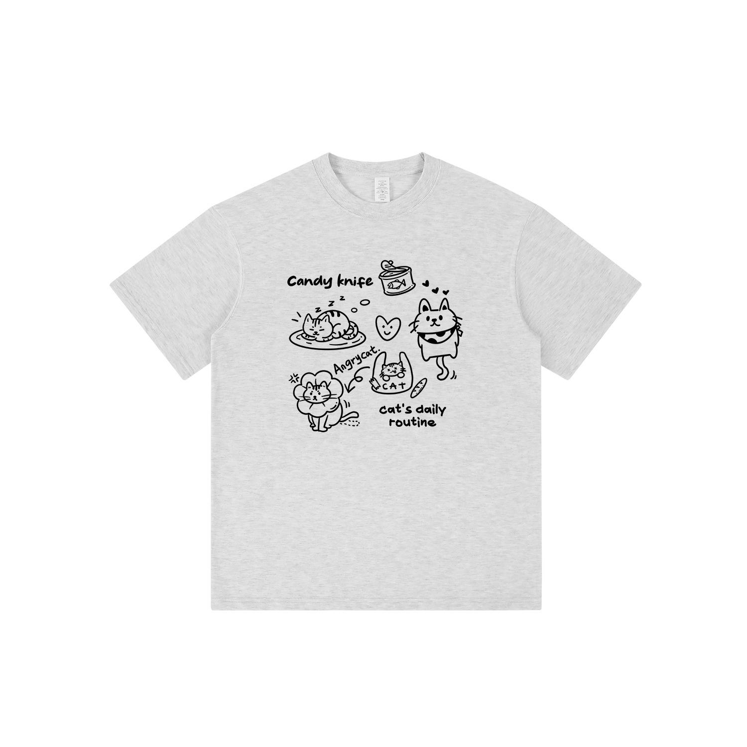 

Japanese Cute Cat & Puppy Print Short Sleeve Milk Yellow Unisex Pure Cotton T-Shirt L