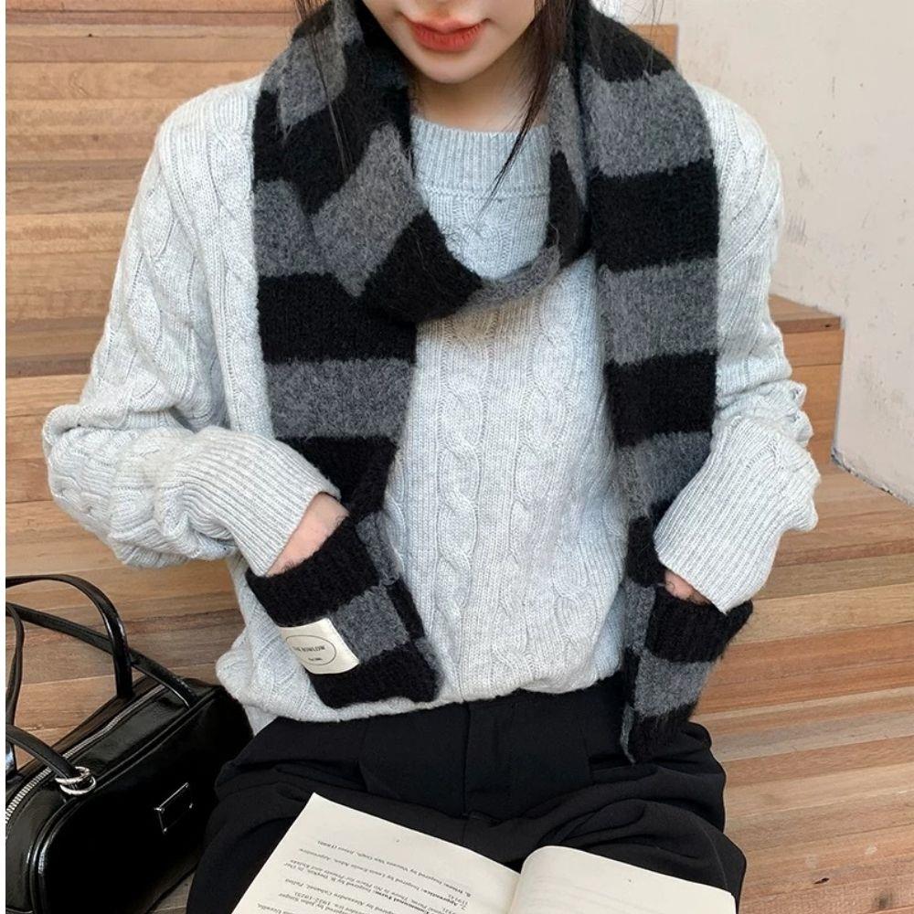Hot  Women Knitted Wool Scarf Warm Splicing Contrasting Striped Neck Scarves Femme Small Narrow Woman Harajuku Neck Warmer