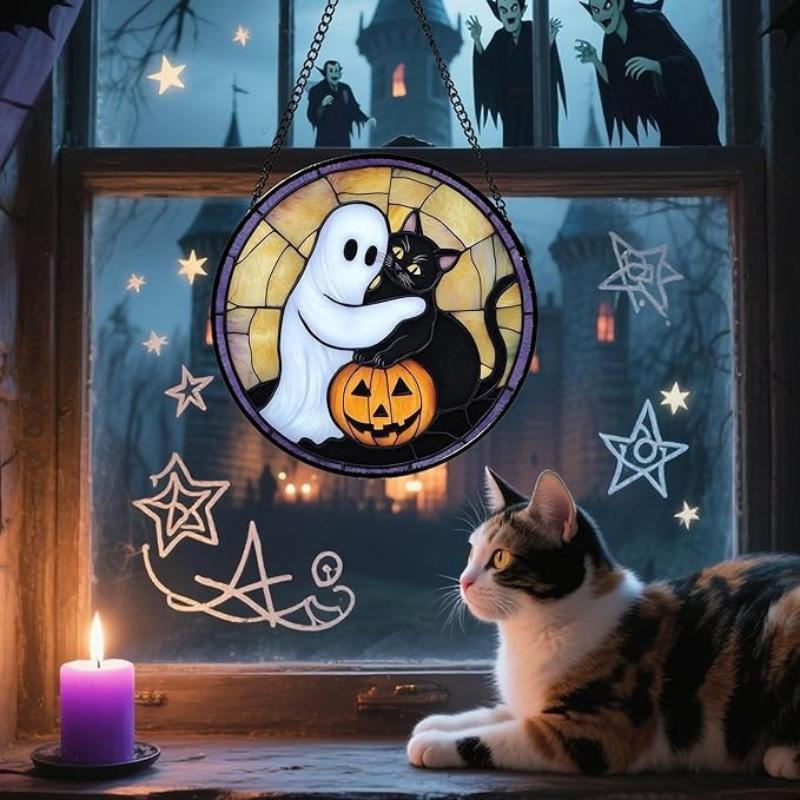 Halloween Stained Glass Pumpkin Suncatcher Adorable Ghost Design Hanging Window Decor for Indoor Outdoor Holiday Party