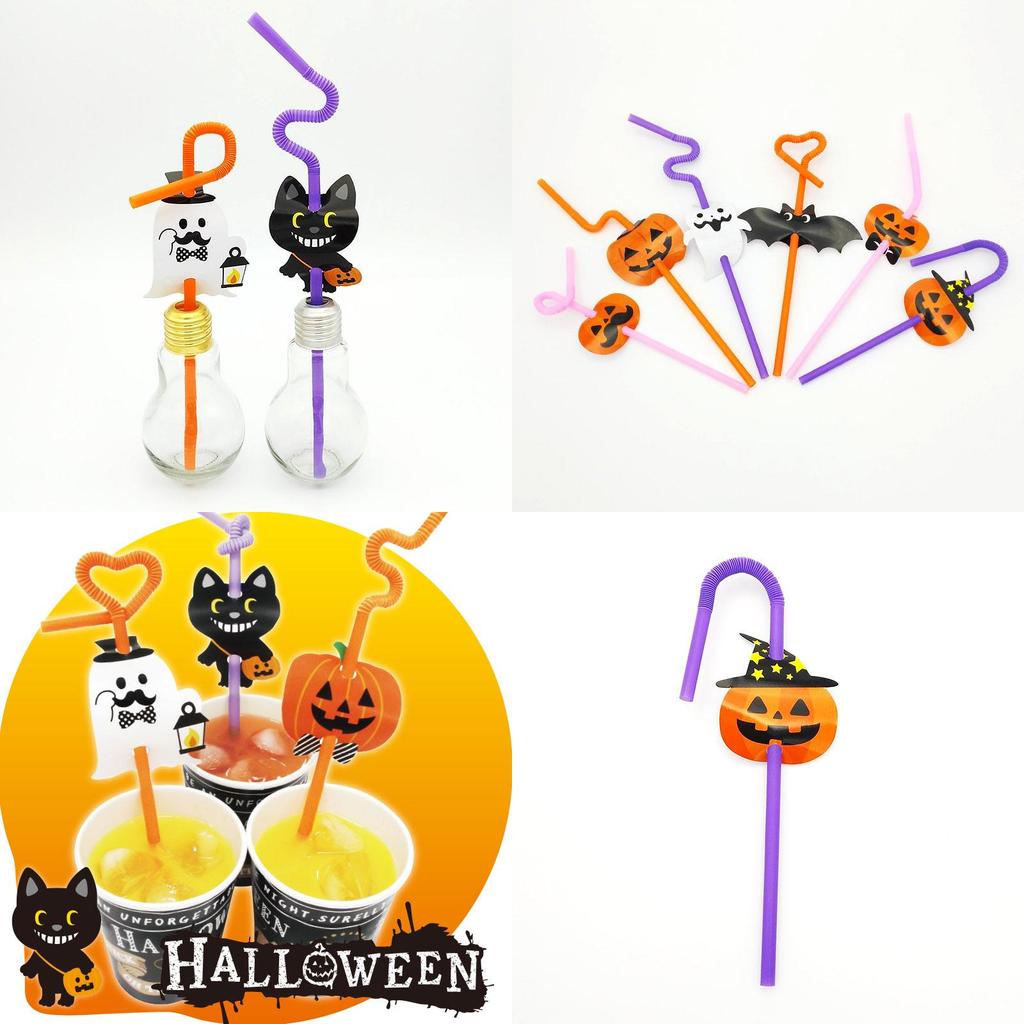 Halloween Fun Bendable Plastic Straws With Cute Pumpkin And Vampire Designs Pack Of 20 For Party Use