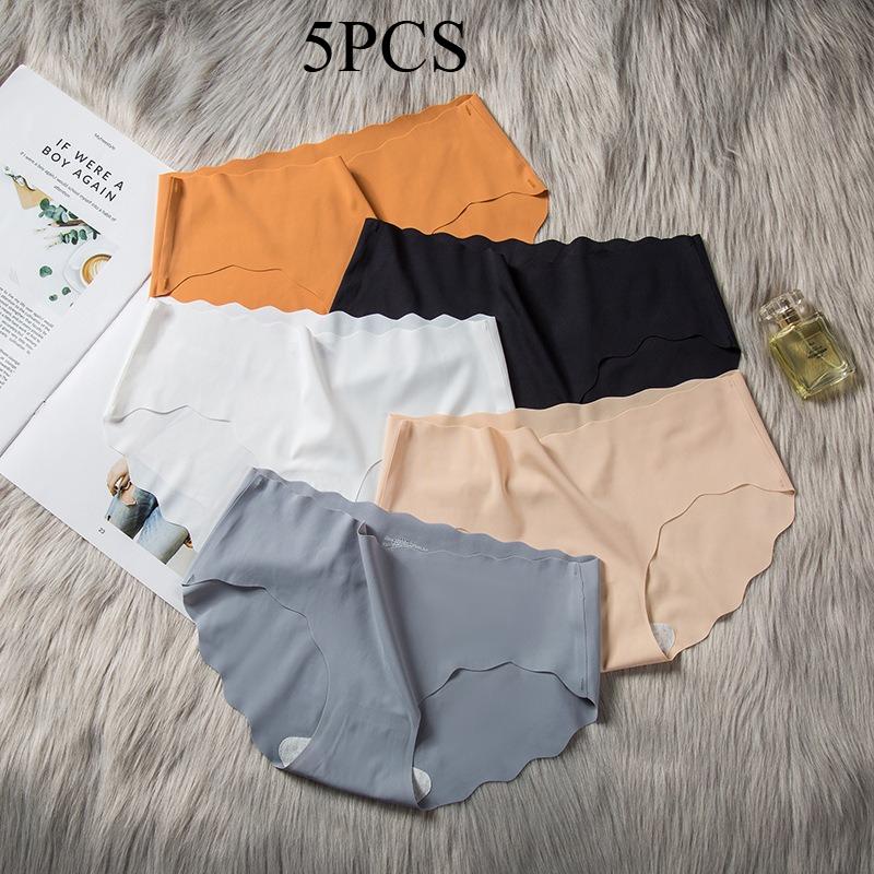 5PCS ice silk seamless ultra-thin wavy girls' underwear, solid color breathable large size low waist one-piece women's briefs