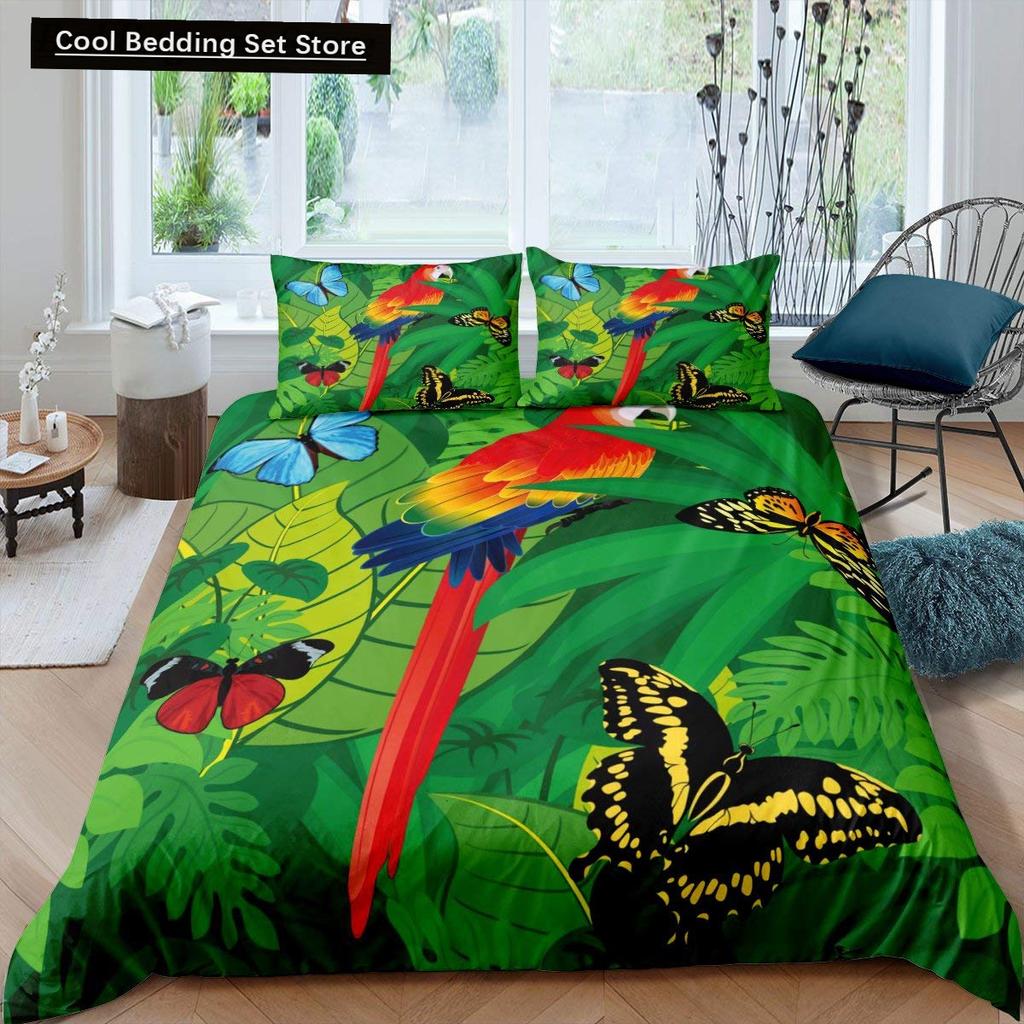 Parrot King Queen Duvet Cover Colourful Feather Bedding Set Rain Trees Bird Quilt Cover Sunset Mountain Natural Comforter Cover