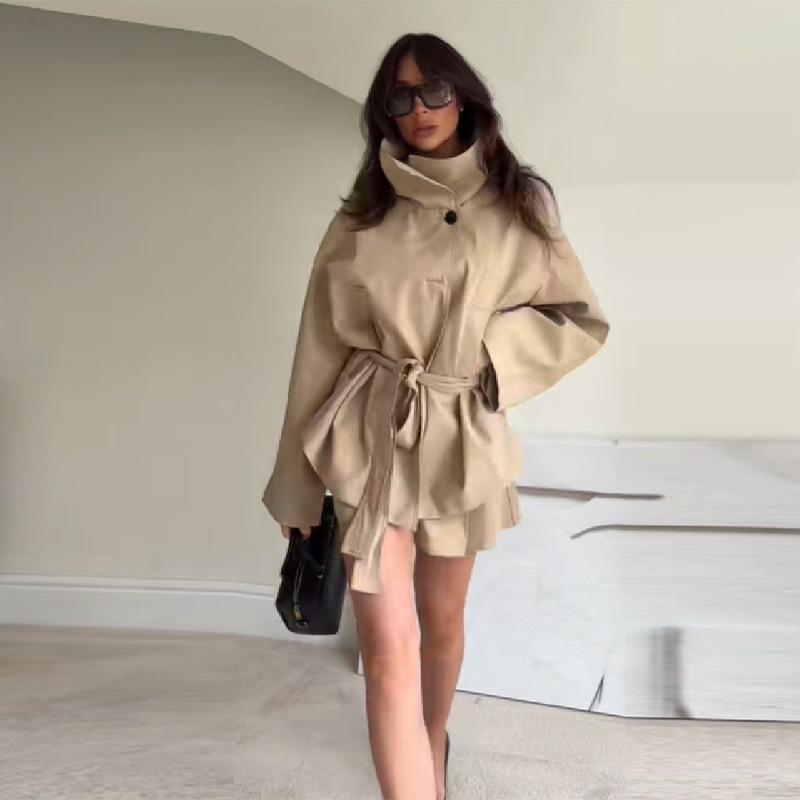 Dámský podzimní trenčkot 2025, intelektuální styl, s manžetami na kravatu