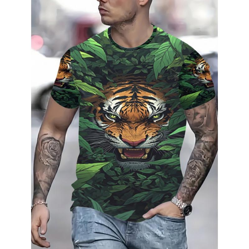 3D Green Jungle Tiger Printed T-Shirt for Men Cool Forest Animal King Graphic Short Sleeve Tees Trendy Casual Round Neck Hip Hop Fashion Street Tops