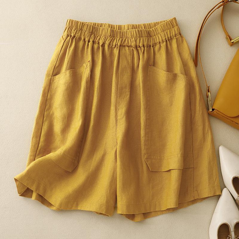 Women's 2024 Retro Cotton-Linen Elastic Waist Shorts with Large Pockets, Wide-Leg, Slimming, Straight-Leg, Versatile Design