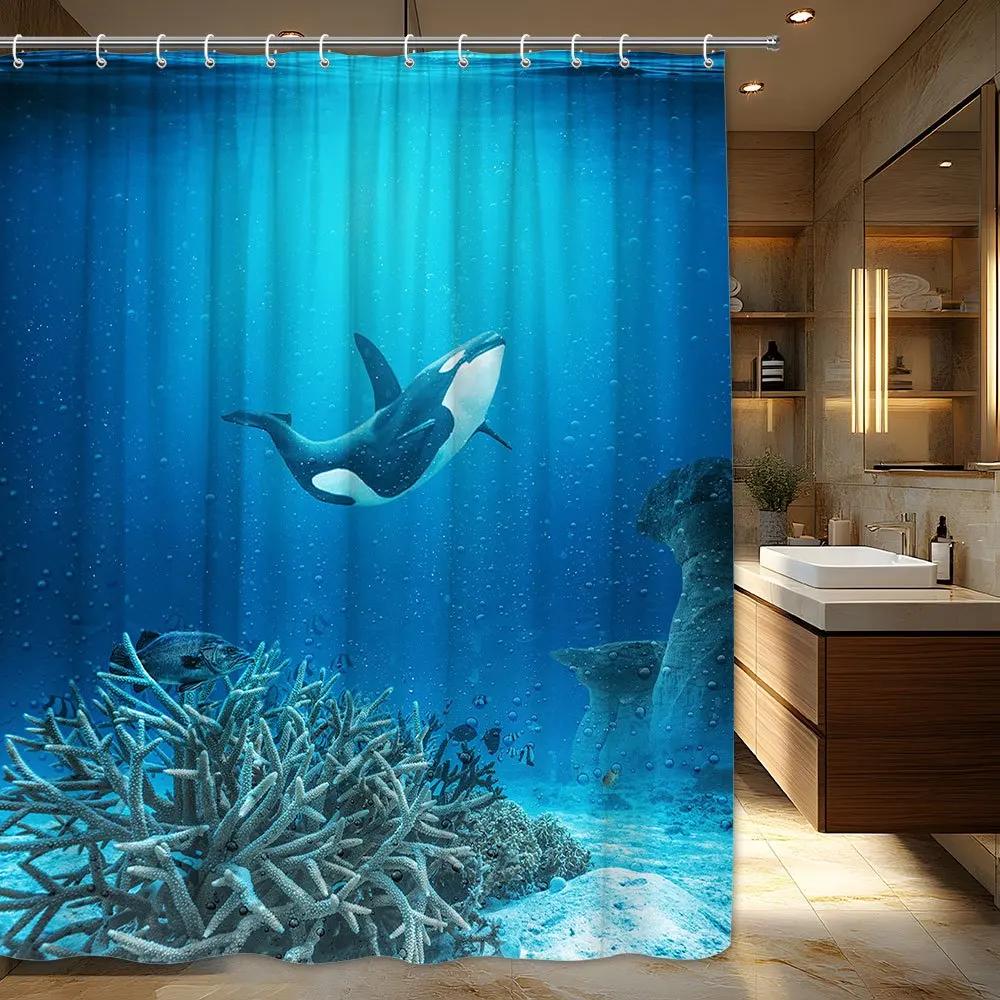 

1Pc Orca Whale Shower Curtain, Polyester Fabric, Machine Washable, 70. 87X70. 87 Inches, Ocean Coral Reef Design With 12 Hooks W60H190(CM)-1 Pcs
