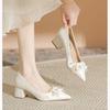 Women's Chunky Heel Satin Bridal Shoes - Pointed Toe with Floral Design for Weddings and Engagements