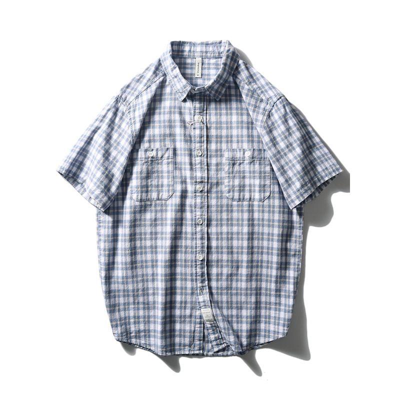 Japanese Retro Pure Cotton Plaid Short-Sleeve Shirt for Men, Summer 2024 New Style, Export Men's Clothing Shirt