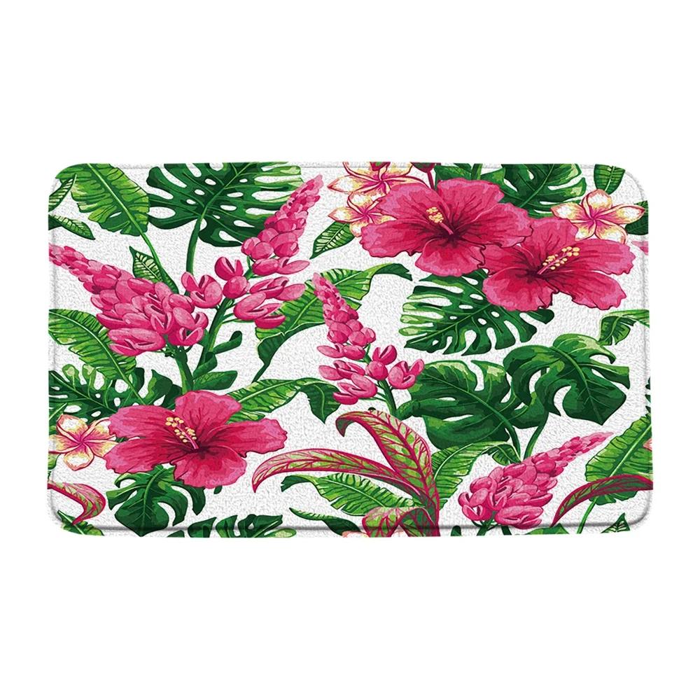 

Tropical Palm Leaves Shower Curtain Set Rugs Accessories Pink Plumeria Hibiscus Floral Tropical Bathroom Decor Curtains Bath Mat W60H190(CM)-1 Pcs