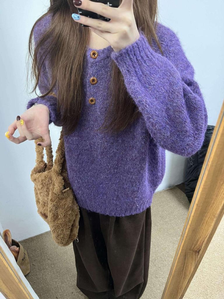 Yellow age-reducing button Henry neck knitted sweater women's autumn and winter plush soft waxy loose backing top