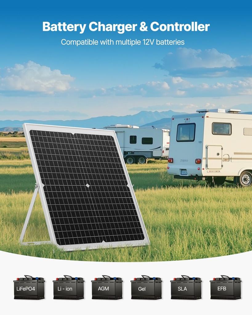30W 12V Solar Panel Battery Charger, Solar Battery Trickle Charger Maintainer with Intelligent MPPT Controller & Adjustable Mount Bracket, IP67