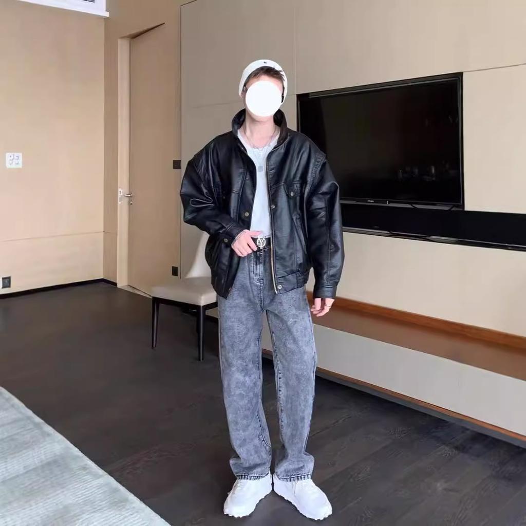 Retro Motorrad Weiche Lederjacke Herren Simuliertes Leder Verdickt Kurz Herbst und Winter Bomberjacke