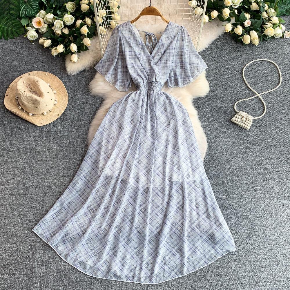 Women's V Neck Floral Chiffon Maxi Dress High Waist A-Line Casual Dress for Summer Vacation