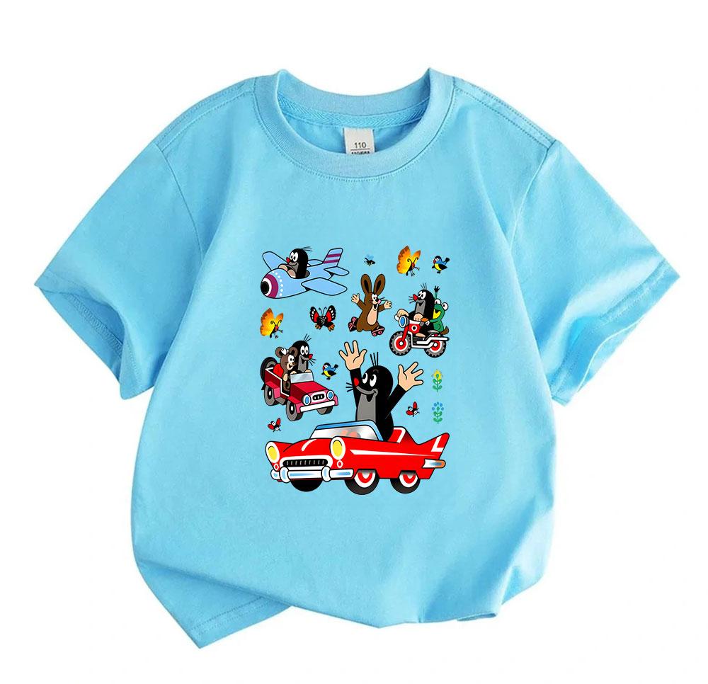 Cute Mole Friends Cartoon Print Kids T Shirt, Boys Girls 100% Cotton Short Sleeve Crew Neck Tees, Fun Animal Driving Vehicle Pattern Casual Summer Top