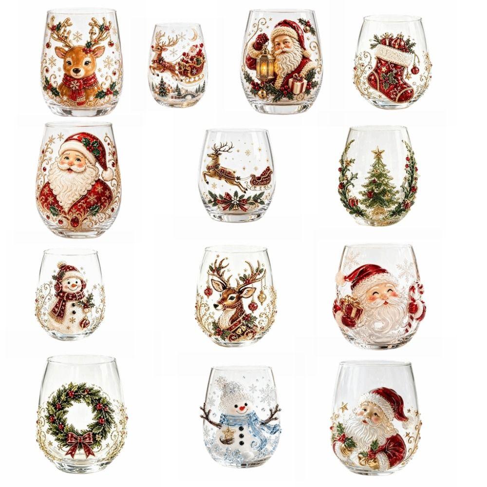 3D Embossed Christmas Wine Glass Reindeer Santa Claus Xmas Glass Cup Tree Snowman Raised Glassware Holiday Table Decor