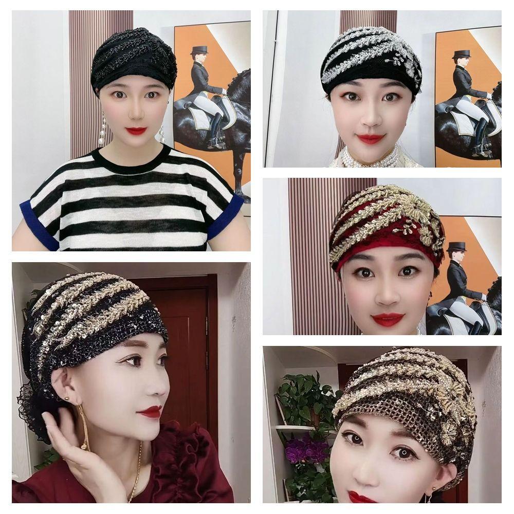 Rhinestone Summer Thin Headscarf Flower Islamic Under Scarf Fashion Lace Turban Hats  Girls