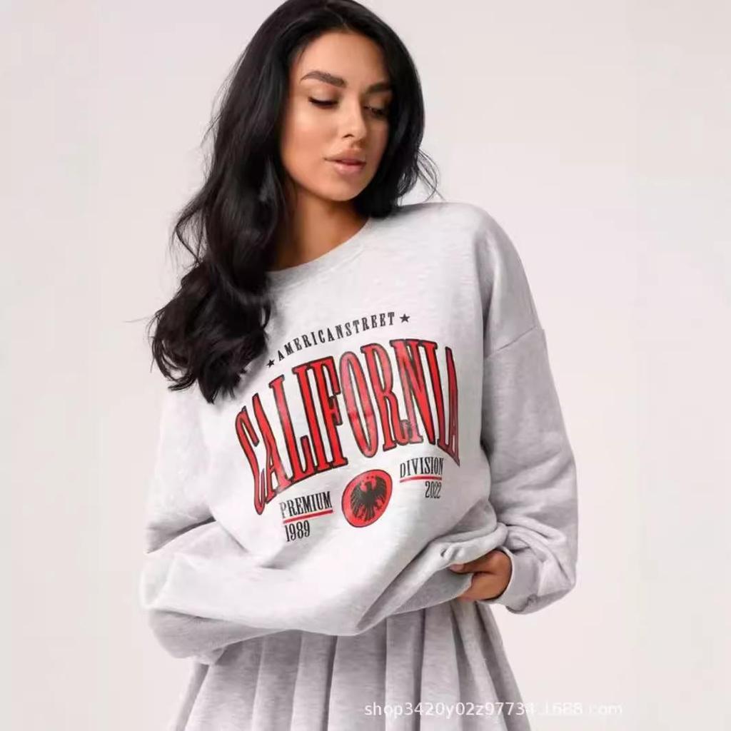 2024 Autumn/Winter Trendy Versatile Loose Fit European American Printed Round Neck Sweatshirt