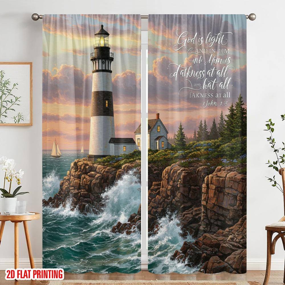 2pcs 2D Flat Printing Window Treatment Curtains Faith Lighthouse Ocean Waves Fabric Without Electricity 0 Perfect for Outdoor
