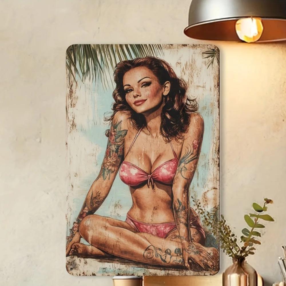 

Vintage Metal Wall Art Pink Lady Retro Iron Decor with PreDrilled Holes for Home Bar Garage 20x30cm