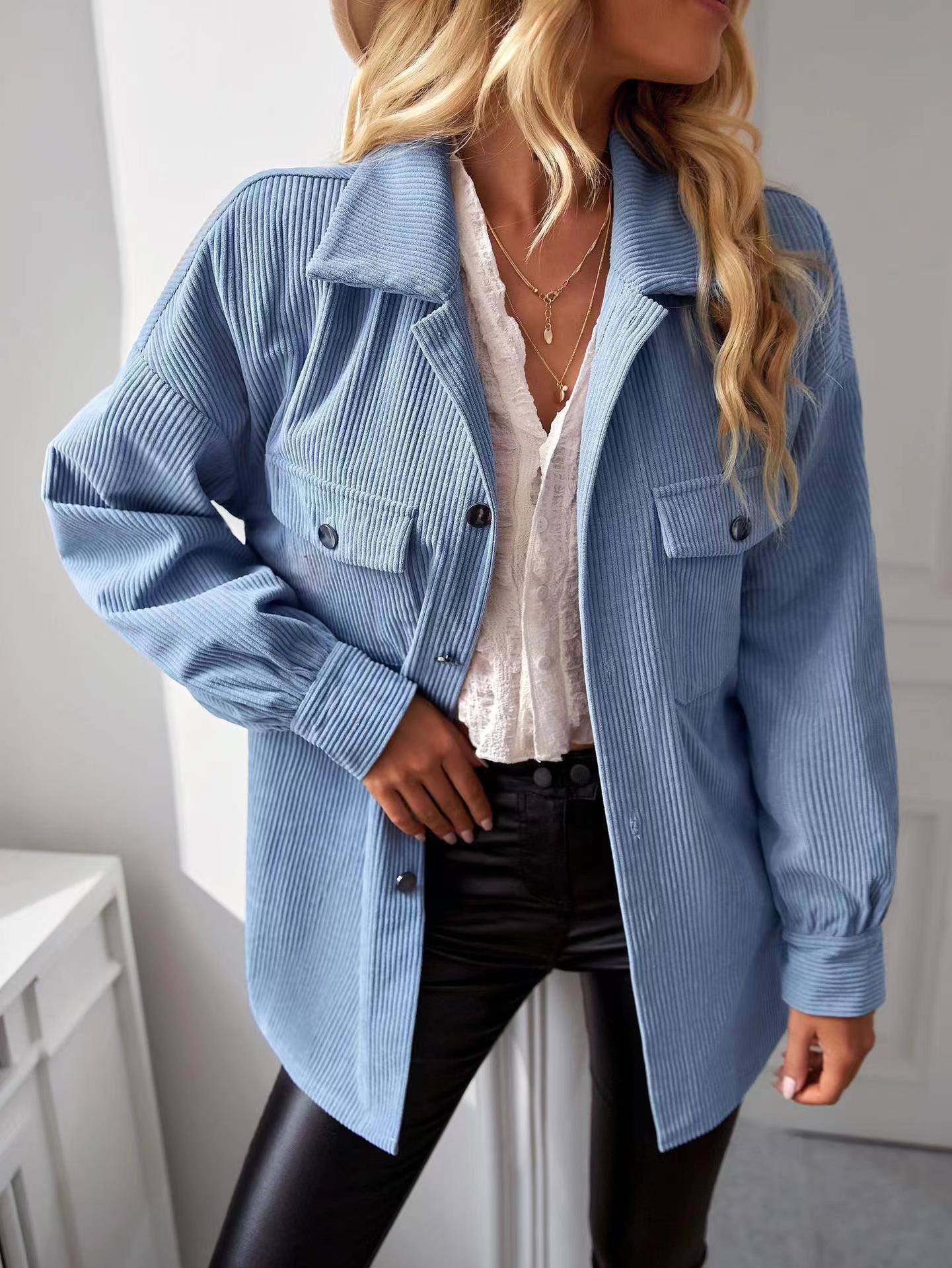 

Осенняя блузка с длинным рукавом, модная женская рубашка в вертикальную полоску с нагрудным карманом, повседневный свободный топ с лацканами для уличной одежды S синий