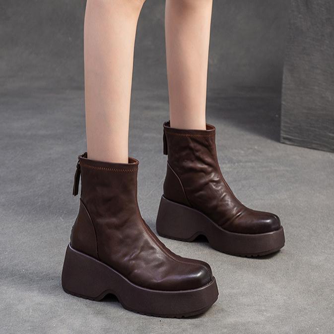 Johnature Všestranné Krátké kozačky z pravé kůže Retro Kulatá špička Dámské boty s tlustou podrážkou