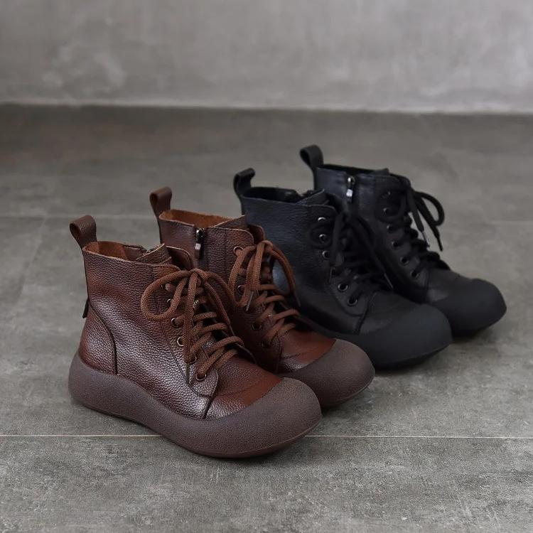 Johnature Retro Women's Ankle Boots Genuine Leather Lace Up Thick Soled Cowhide Short Boots