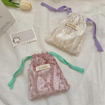 Mini Small 14 *16 Lace Drawstring Storage Bag for Cosmetics Earphone Coin Miscellaneous Organization Knitting Flower Decoration