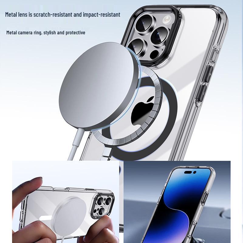 Transparent Magnetic Suction iPhone 16 Pro Max Case with Metal Airbag Protection